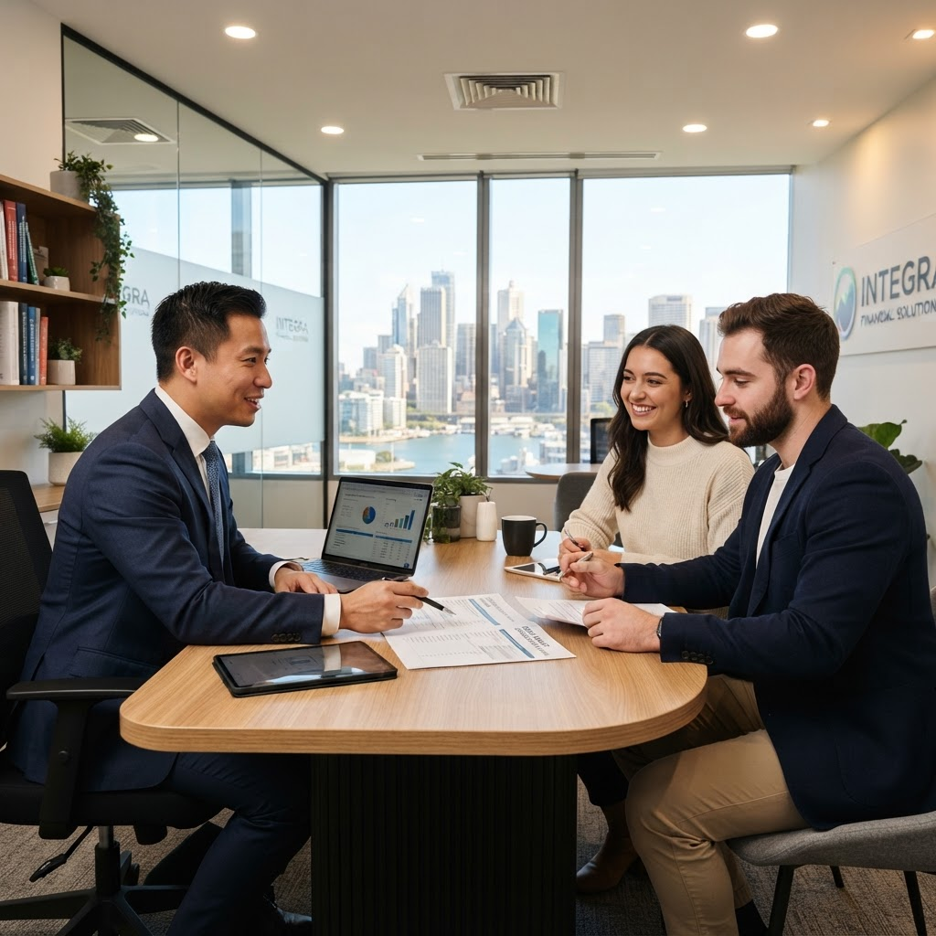Home Loan Square mortgage broker consulting with clients in a modern office