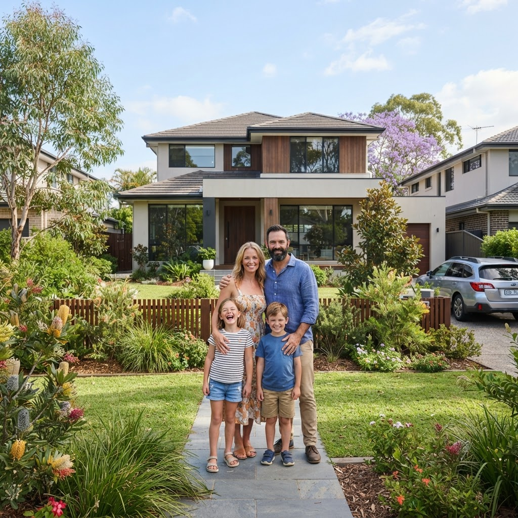 Happy Australian family in front of their new home